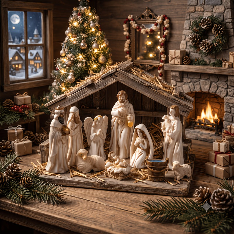 Figurki szopki w drewnianej stajence przy kominku